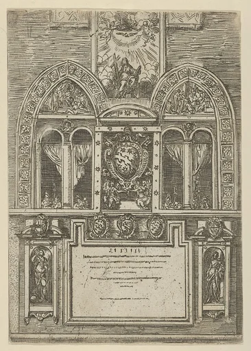 Façade of the Palazzo del Senato in Bologna with the Papal arms at center, with temporary decorations for the entry of Pope Clement VIII in Bologna in 1598