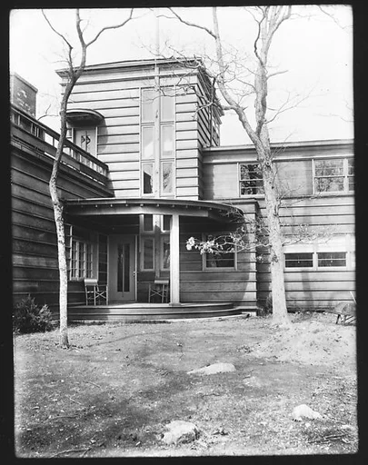 [Modernist House with Brick Patio, Residence of Lyman Paine and Ruth Forbes, Naushon Island, Massachusetts]