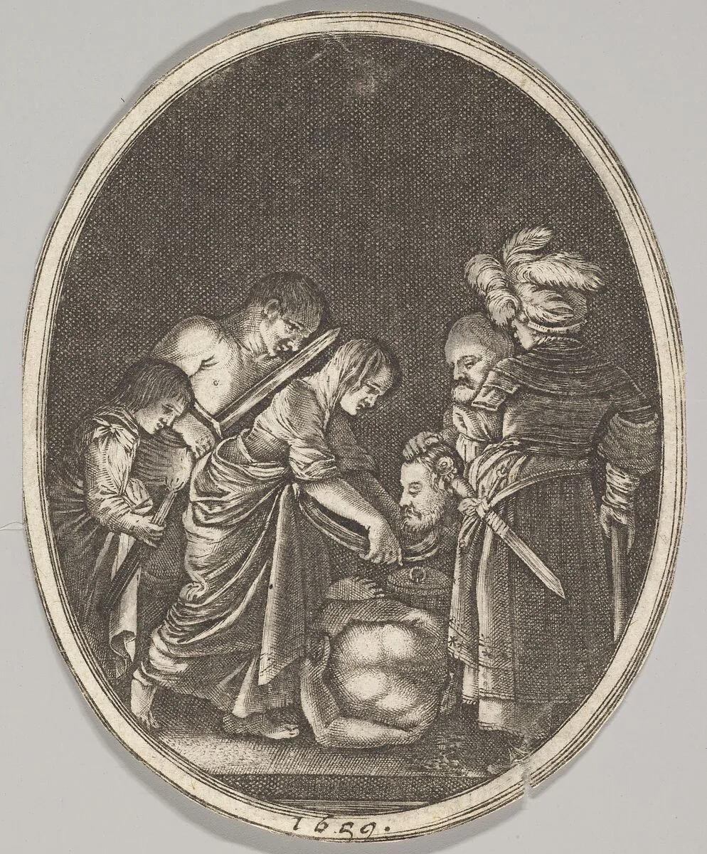 Salome receiving the head of John the Baptist, surrounded by three men and a child bearing a torch, the Baptist's body lies on the ground, an oval composition — Hendrick Goudt|Adam Elsheimer