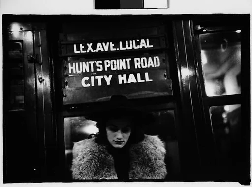 [Five 35mm Film Frames: Subway Passengers, New York City: Woman in Hat and Fur Collar Beneath "City Hall" Sign, Two Men Beneath "City Hall" Sign, Woman in Fur Hat and Collar]