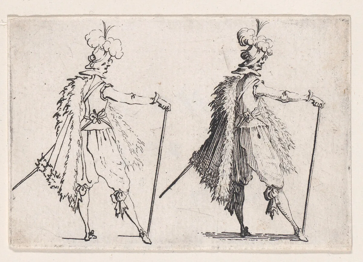 Le Gentilhomme a la Grande Canne (The Gentleman with the Large Cane), from Les Caprices Series A, The Florence Set — Jacques Callot|Lorenzo de' Medici