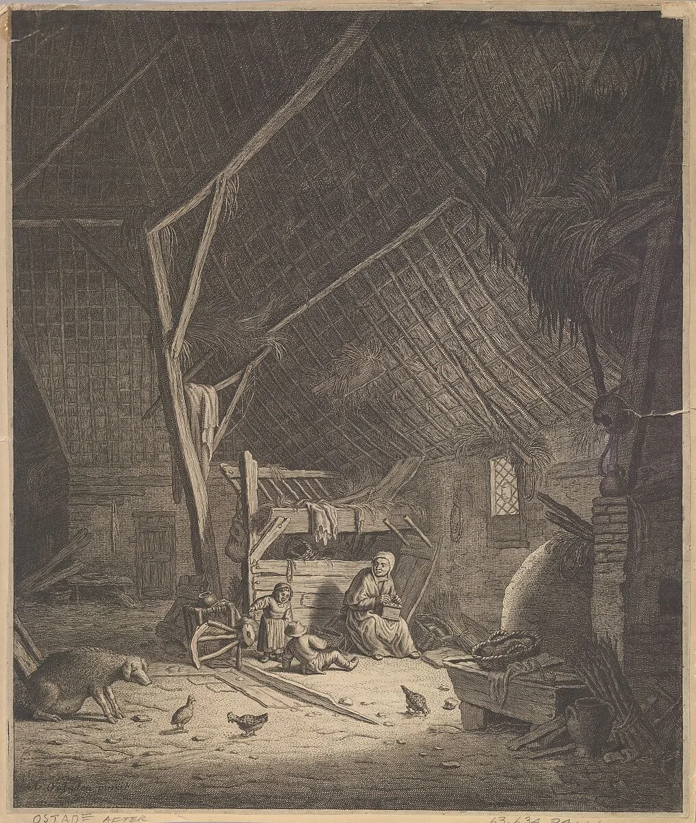Interior of a Barn with Mother and Two Children, Right in Front a Pig (copy) — Adriaen van Ostade|Jacob Louys