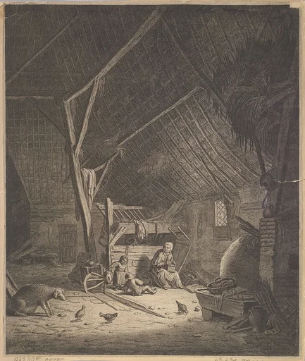 Interior of a Barn with Mother and Two Children, Right in Front a Pig (copy)