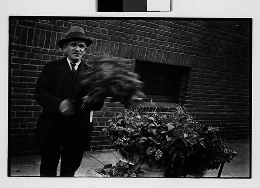 [Two 35mm Film Frames: Vendor with Flowers in Baby Carriage on Sidewalk]