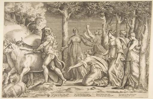 Hercules driving off the cattle of Geryon, at the right are the nymphs of Hesperides