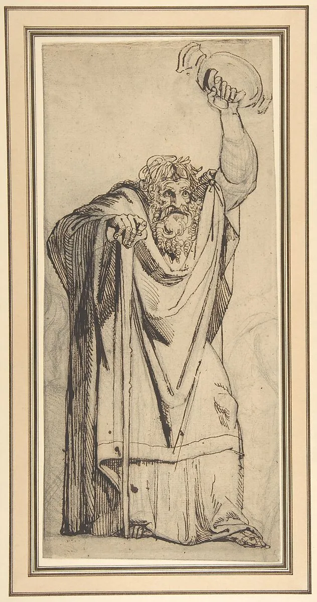 Study for the Prophet Jeremiah (recto); Studies of a Horse Seen from Below and of a Man Seated on a Chair, Probably a Self-Portrait and an Off-Print in Brown Ink of a Nude Female Abdomen and Legs (verso) — Henry Fuseli