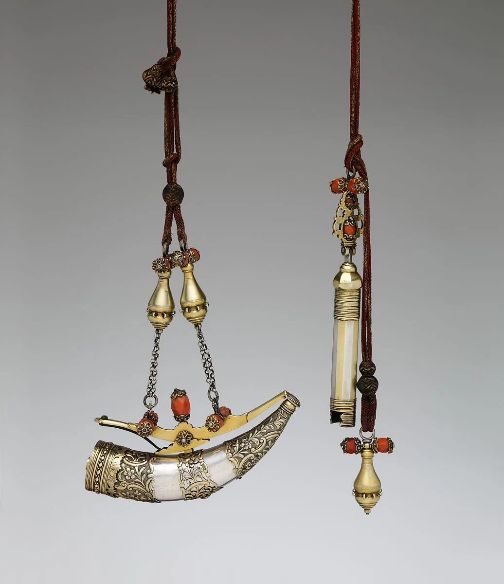 Priming Flask, Powder Measure, and Suspension Cords — Unknown