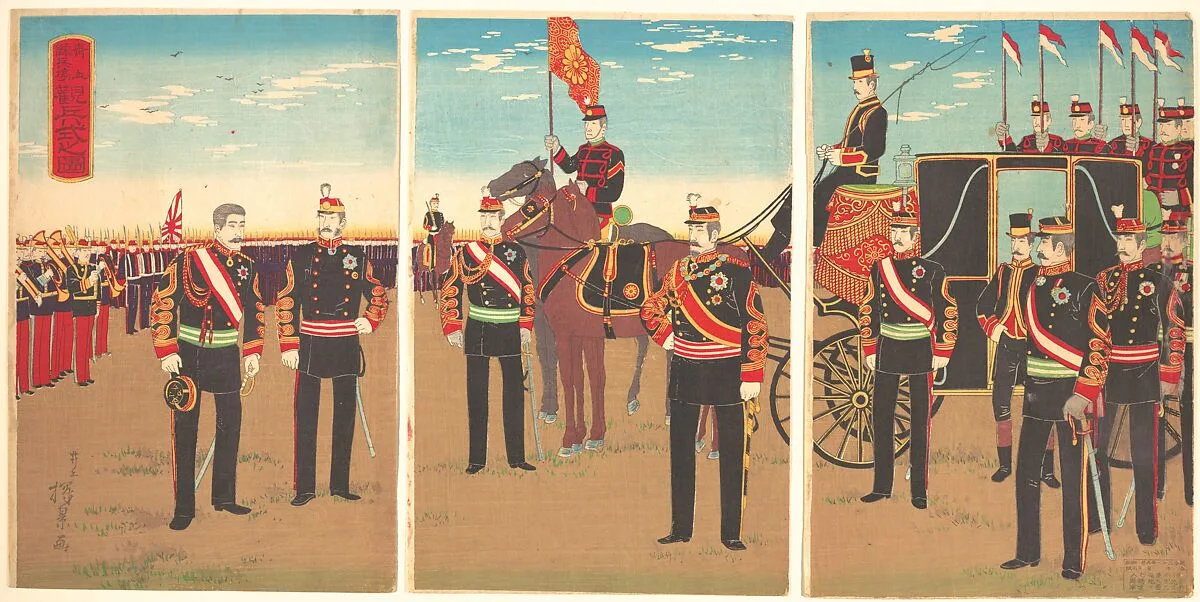 青上練兵場観兵式之図|Illustration of Emperor's Military Review of a Parade Ground at Aoyama (Aoyama renpeijō kanpeishiki no zu) — Inoue Yasuji