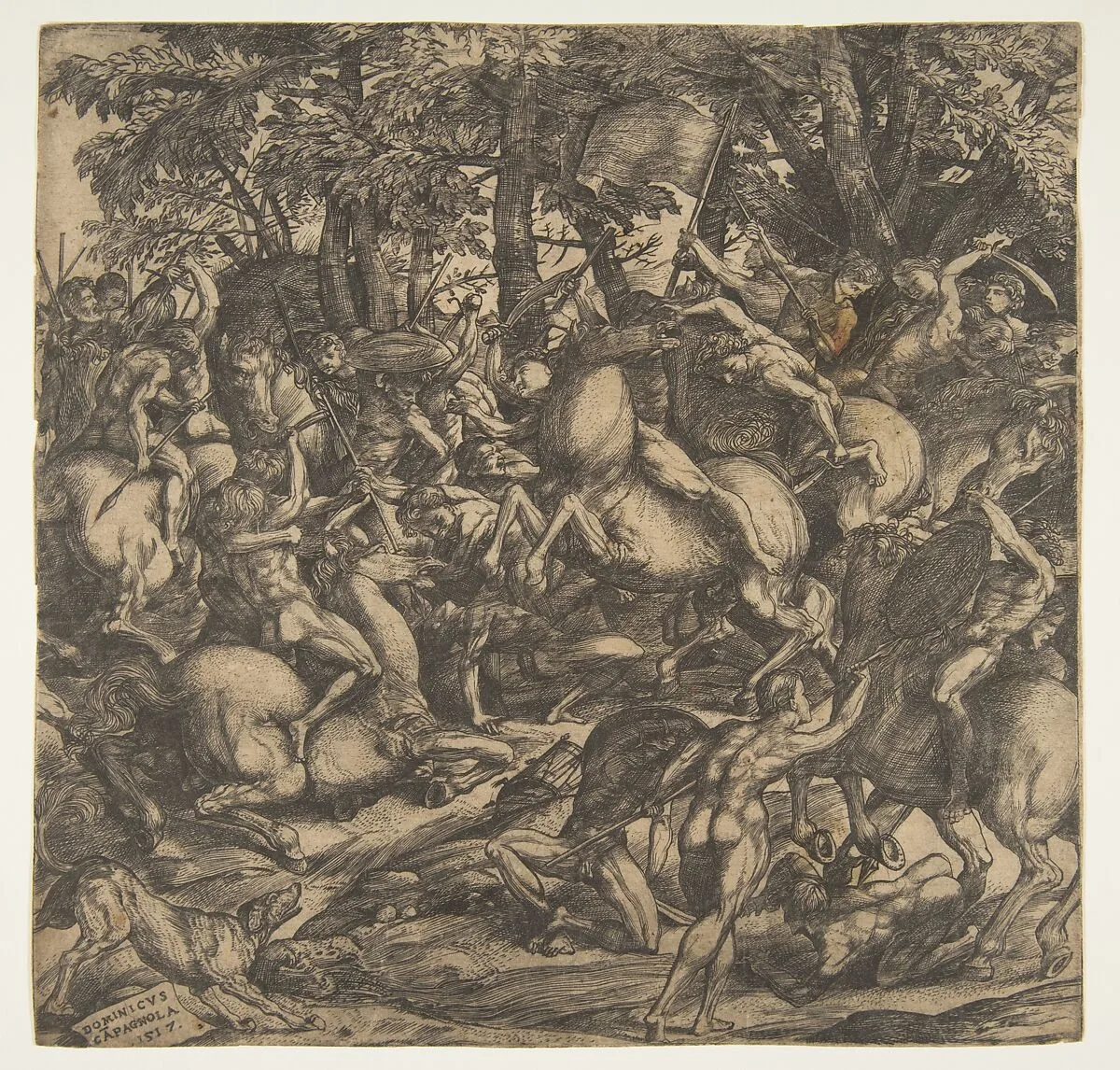 Group of naked men engaged in battle in a wooded landscape, some on horseback; a dog at lower left. — Domenico Campagnola|Titian (Tiziano Vecellio)|Leonardo da Vinci