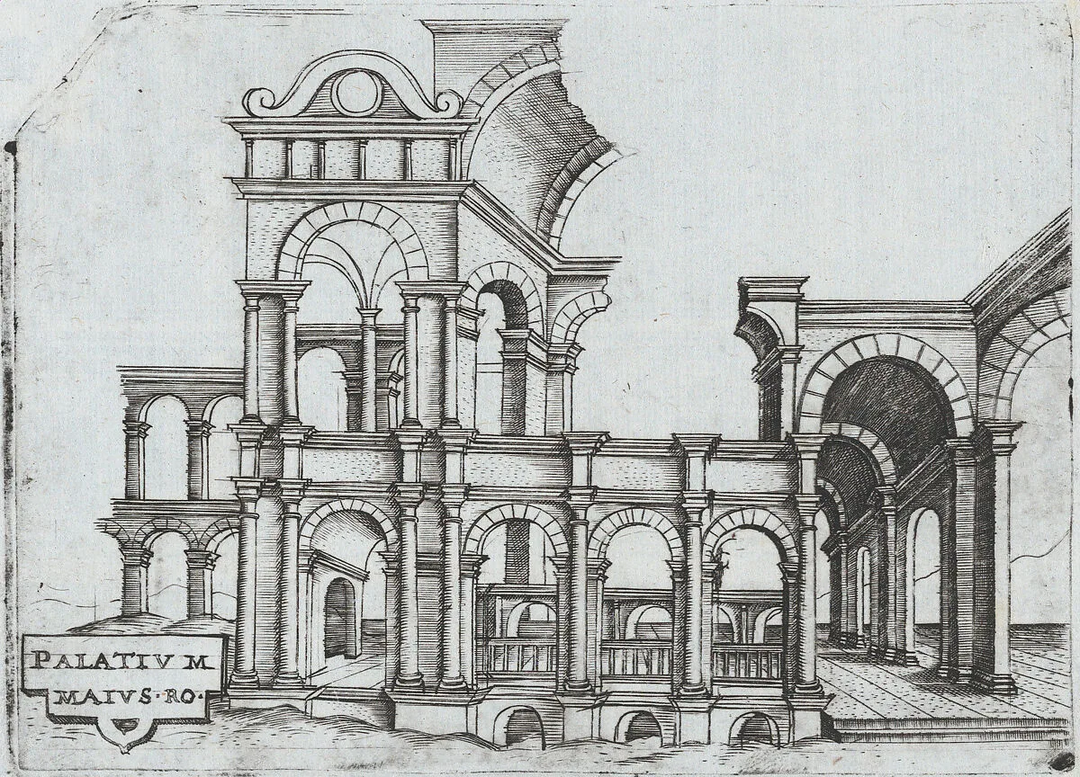 Porta Antonae, from a Series of Prints depicting (reconstructed) Buildings from Roman Antiquity — Monogrammist G.A. & the Caltrop