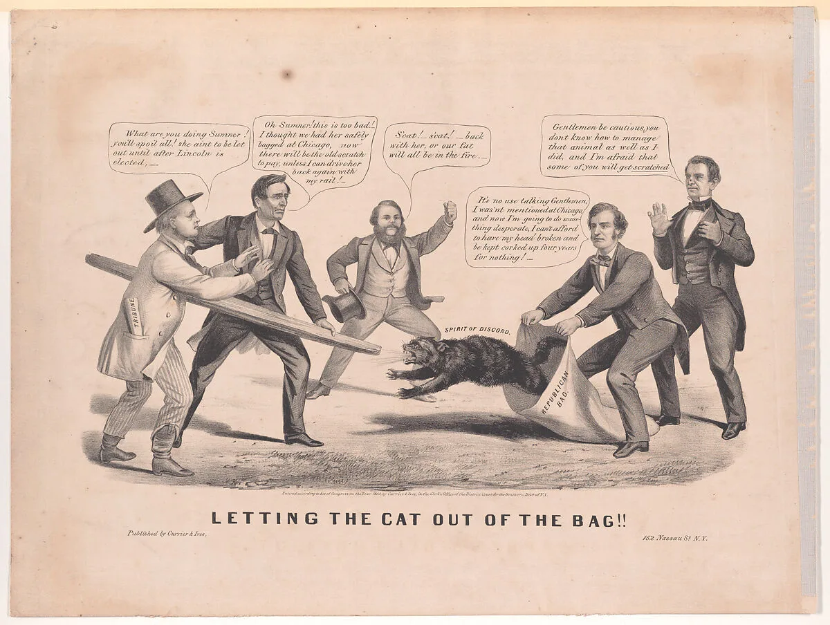 Letting the Cat Out of the Bag!! — Hannibal Hamlin|Henry Jarvis Raymond|Louis Maurer|Abraham Lincoln|William H. Seward|Currier & Ives|Charles Sumner|Horace Greeley
