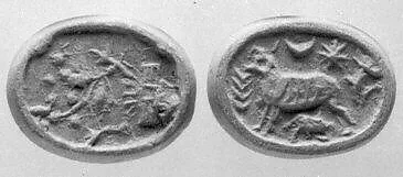 Stamp seal (bifacial disk) with animals and divine symbols — Unknown