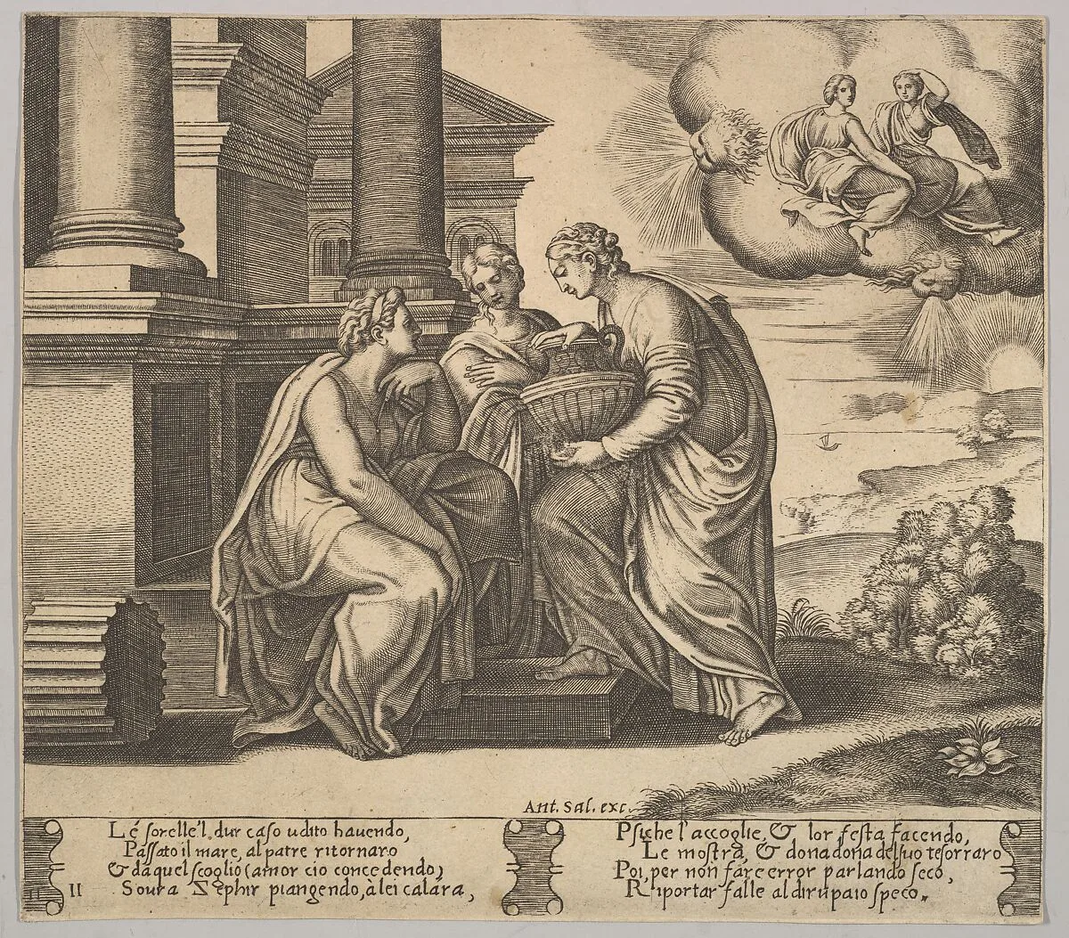 Plate 11: Psyche gives presents to her sisters, from "The Fable of Cupid and Psyche" — Master of the Die|Antonio Salamanca|Michiel Coxie (I)