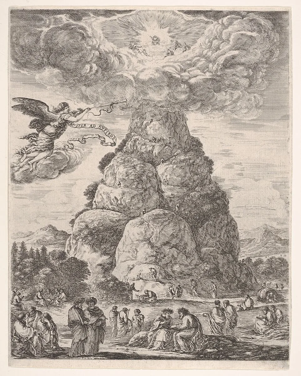 Rock of the Philosphers, or Mount Parnassus, many ancient philosophers gathered in groups at the base of the mountain in the foreground, Diogenes in his barrel to right and Archimedes in center studying an armillary sphere in the middleground, an angel in the sky to left, the mountain in the background, a large cloud at the top of the mountain with the assembly of the gods — Stefano della Bella
