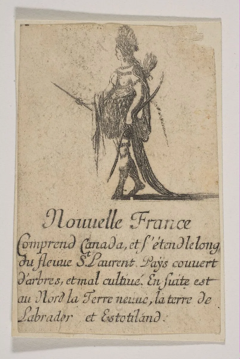 Nouvelle France, from the playing cards "Jeu de la Géographie" — Stefano della Bella|Jean Desmarets de Saint-Sorlin|Henri Le Gras|Louis XIV, King of France|Cardinal Jules Mazarin
