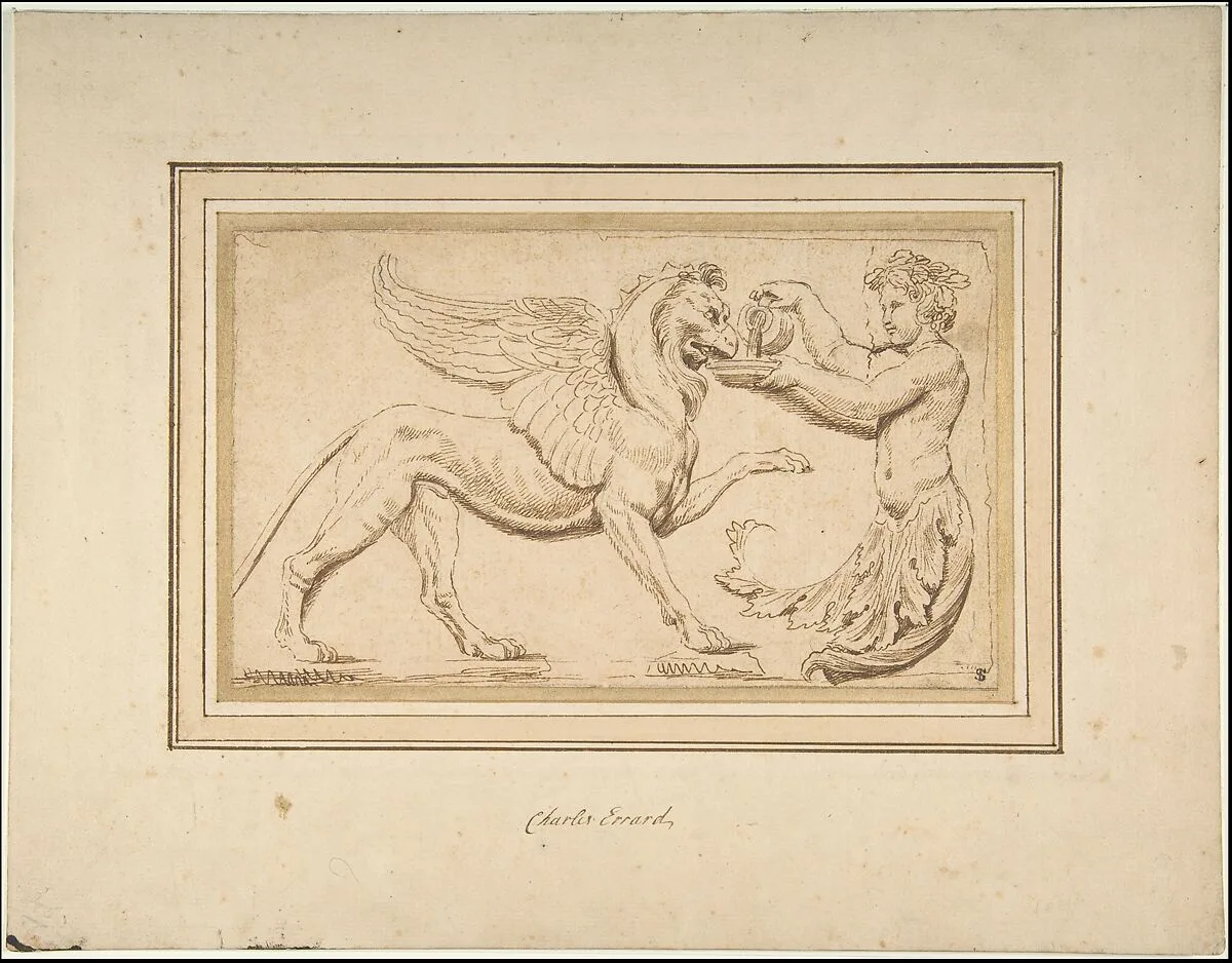 Foliate Amor Pouring a Drink for a Griffin — Charles Errard le fils