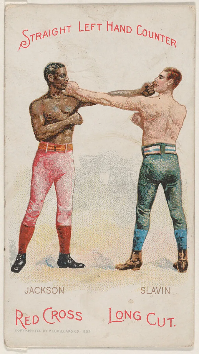 Straight Left Hand Counter, Peter Jackson and Fred Slavin, from the Boxing Positions and Boxers series (N266) issued by P. Lorillard Company to promote Red Cross Long Cut Tobacco — P. Lorillard Company|H.A. Thomas & Wylie Lithographer Co., New York