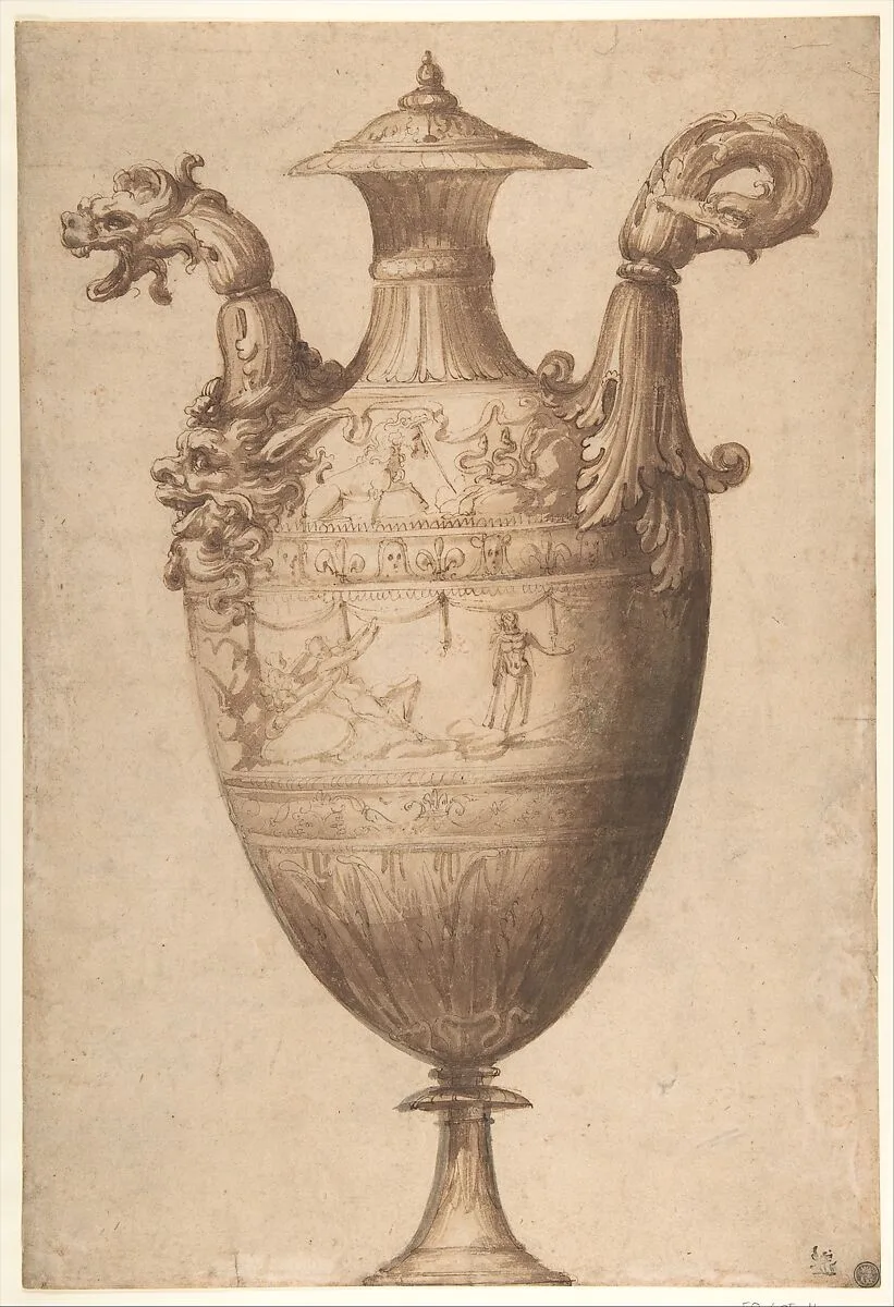 Design for a Vase with Hercules and Farnese Lilies — Francesco Salviati (Francesco de' Rossi)