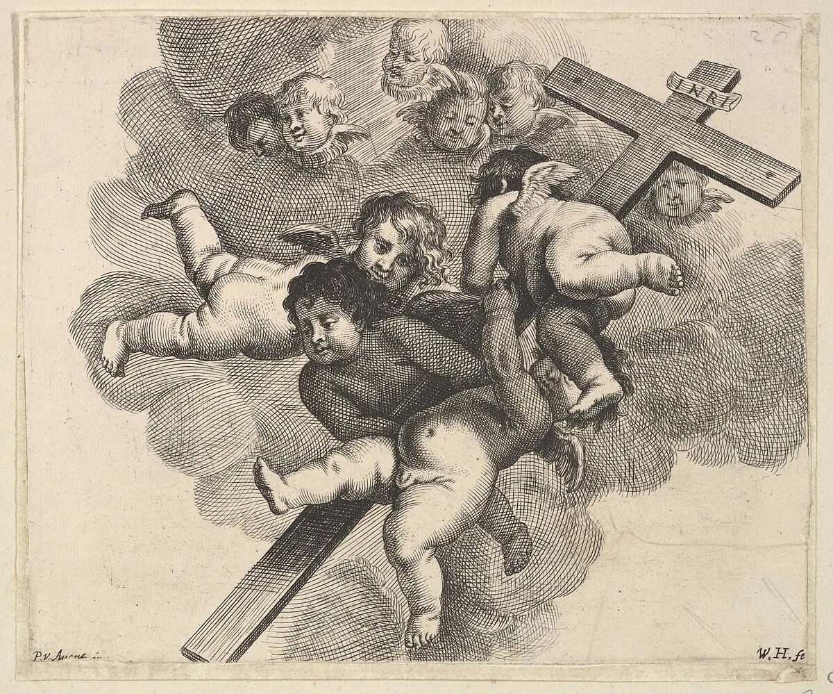 Four cherubs carrying a cross — Wenceslaus Hollar|Pieter van Avont
