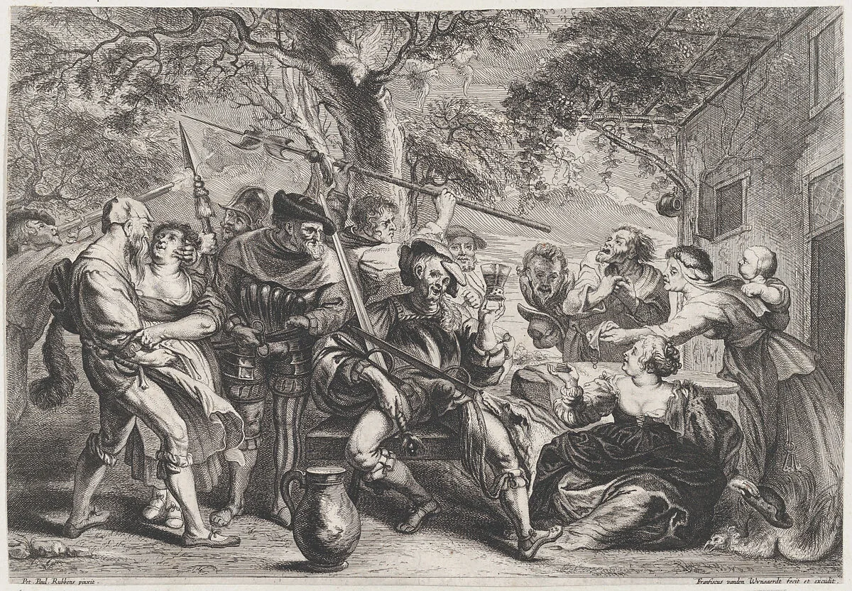 Soldiers and peasants, sitting and fighting near a table — Peter Paul Rubens|Frans van den Wyngaerde