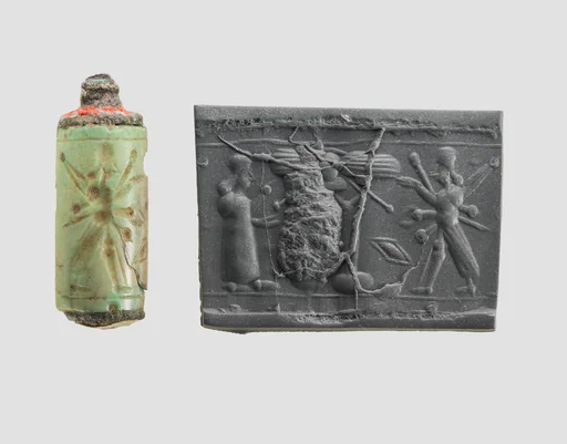 Cylinder seal (with caps preserved) with cultic scene