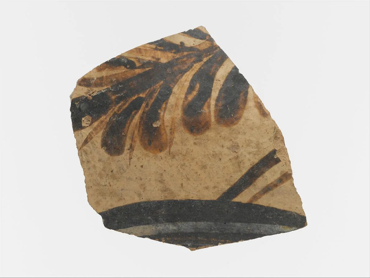 Terracotta vessel fragment with floral motif and band — Unknown