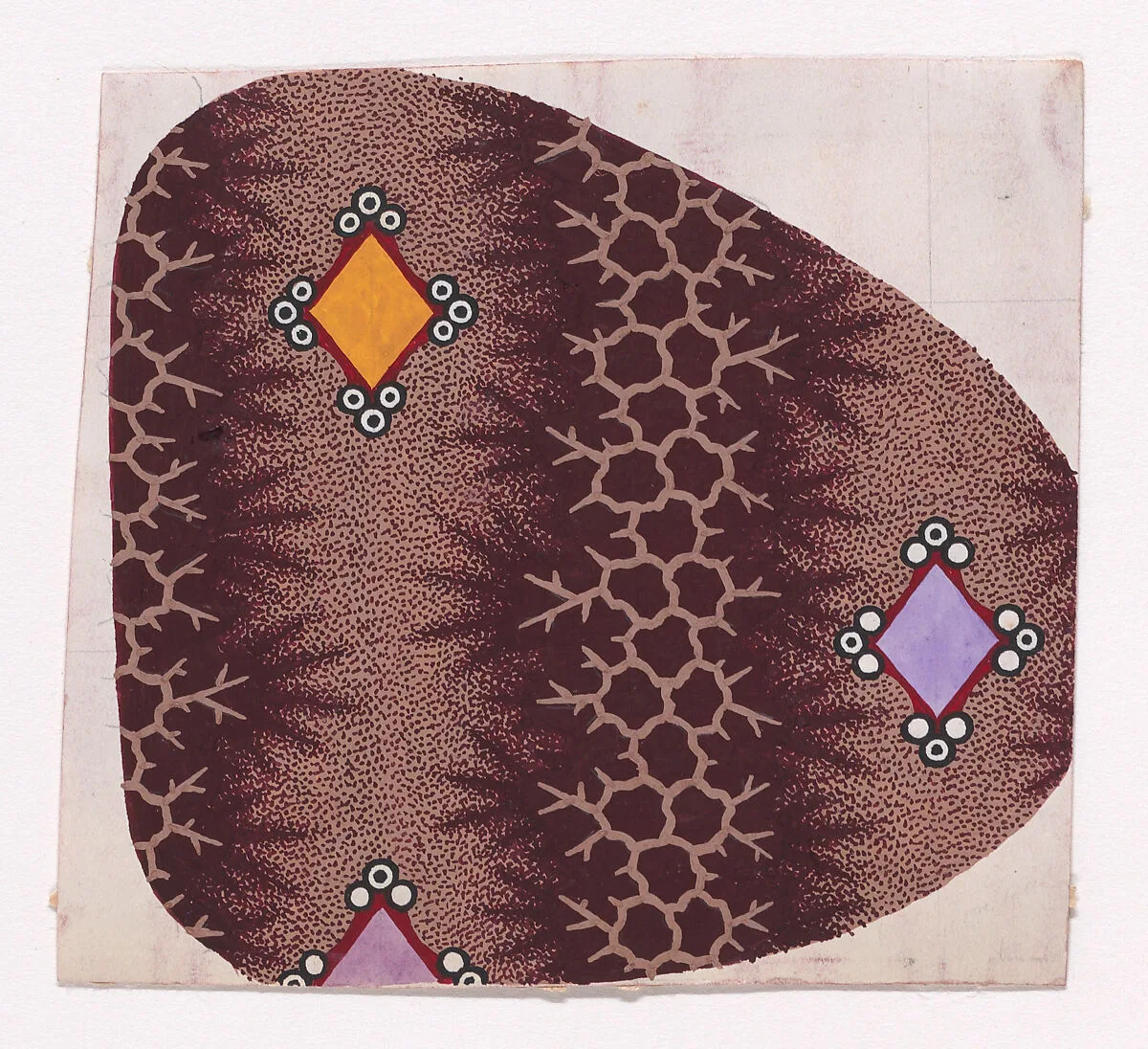 Textile Design with Alternating Vertical Stripes of Lozenges with Pearls in the Vertices and Abstract Organic Honeycomb Structures with Branch Offshoots — Anonymous, Alsatian, 19th century