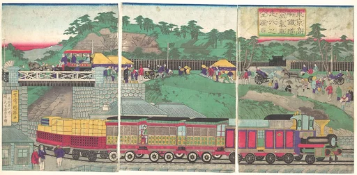 東京高輪鉄道蒸気車走行之図|Illustration of a Steam Locomotive Running on the Takanawa Railroad in Tokyo (Tōkyō takanawa tetsudō jōkisha sōkō no zu)