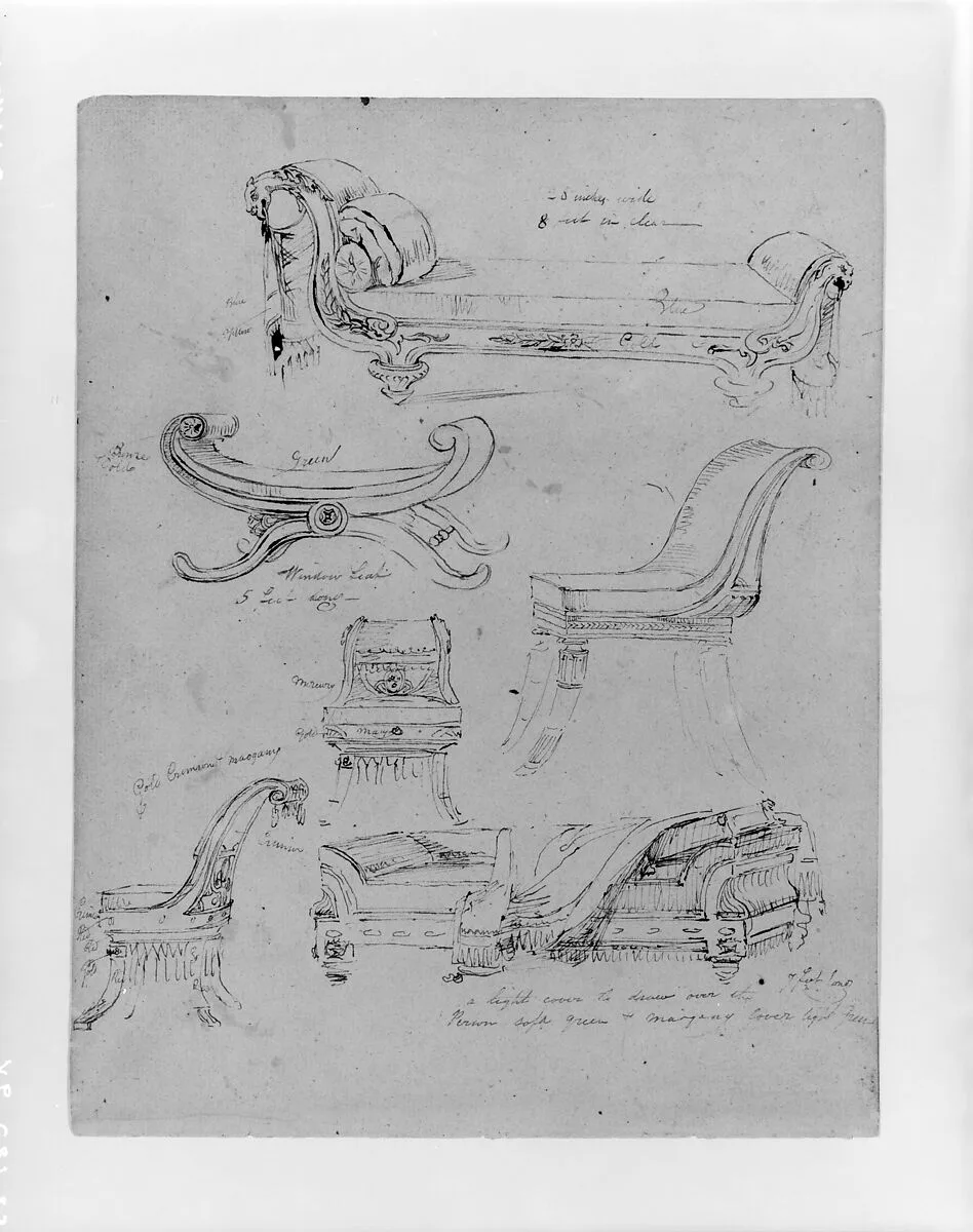Sketches of Empire-Style Lounges and Chairs, Window Seat (from Sketchbook) — Thomas Sully