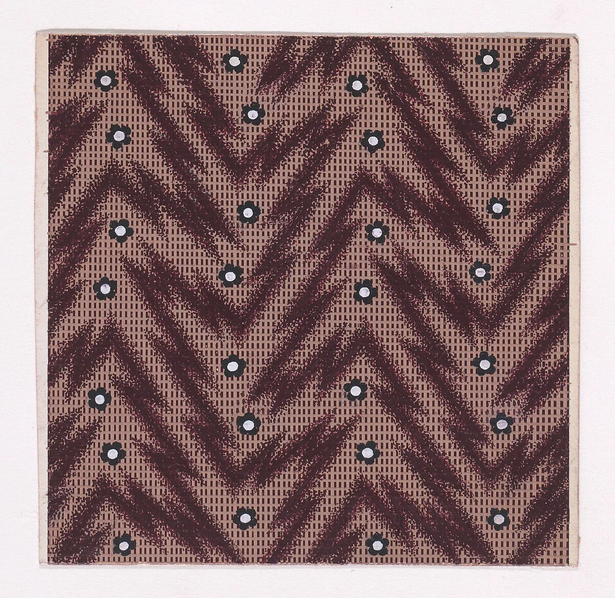 Textile Design with Rosettes and Pearls over a Checked Background with Zig-Zagging Lines — Anonymous, Alsatian, 19th century