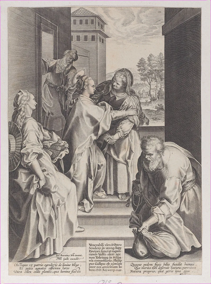 The Visitation, the Virgin and Saint Elizabeth embracing in the center, flanked by other figures, after Barocci — Federico Barocci|Philips Galle