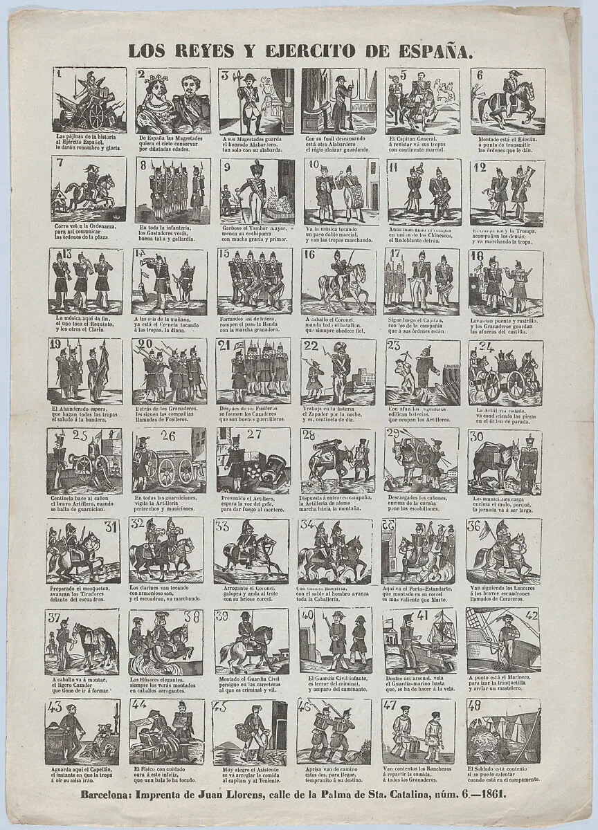 Broadside with 48 scenes relating to the Spanish army — Juan Llorens
