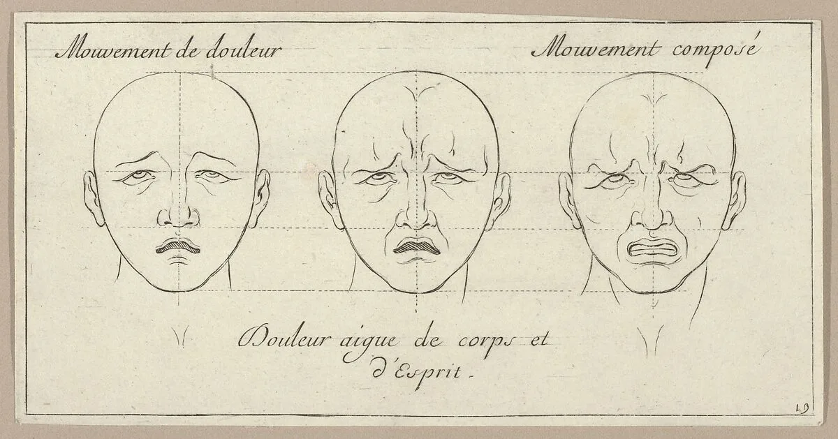 Mouvement de douleur, Douleur aigue de corps et d'Esprit, Mouvement composé (from Caractères des passions, gravés sur les desseins de l'illustre Monsieur le Brun) — Sébastien Le Clerc, le Jeune|Charles Le Brun
