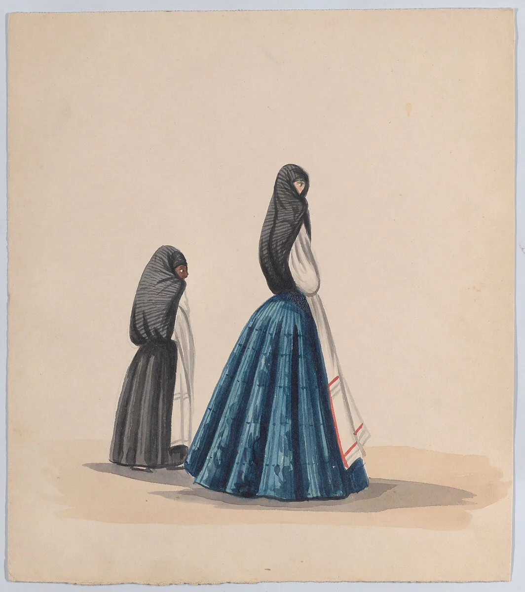 Two woman wearing the saya viewed in profile, from a group of drawings depicting Peruvian dress — Francisco (Pancho) Fierro