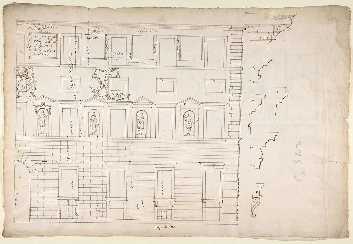 Palazzo Spada (Capodiferro), right half, elevation; details profiles (recto) Wall, interior, elevation; ceiling, interior, plan (verso) — Anonymous, French, 16th century
