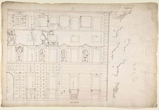 Palazzo Spada (Capodiferro), right half, elevation; details profiles (recto) Wall, interior, elevation; ceiling, interior, plan (verso)