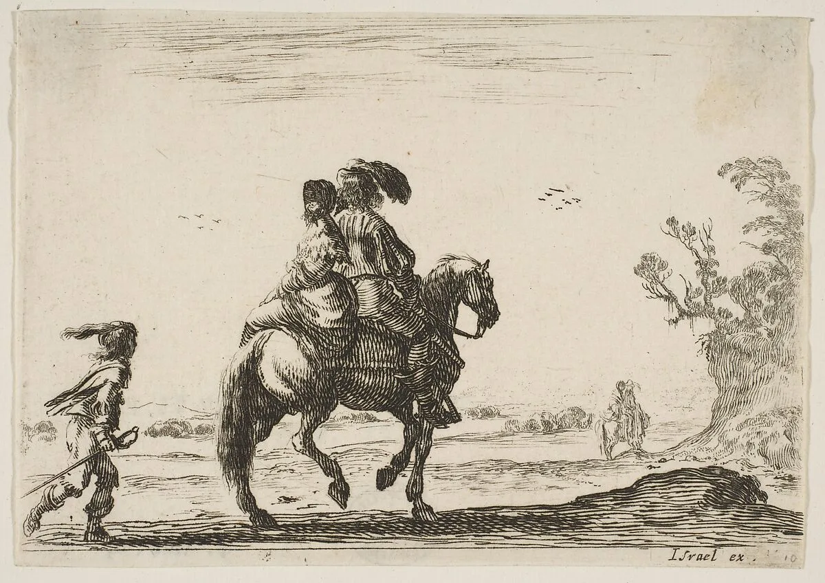 A horseman and a woman, seen from behind, riding towards the right with a young man following them to left, another horseman and woman to right in the background, plate 10 from "Various Figures" (Agréable diversité de figures) — Stefano della Bella|Israël Henriet|Artus Gouffier Marquis de Boissy