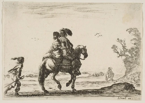 A horseman and a woman, seen from behind, riding towards the right with a young man following them to left, another horseman and woman to right in the background, plate 10 from "Various Figures" (Agréable diversité de figures)