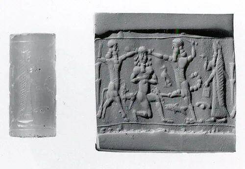 Cylinder seal with three-figure contest scene — Unknown