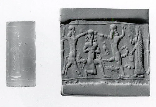 Cylinder seal with three-figure contest scene