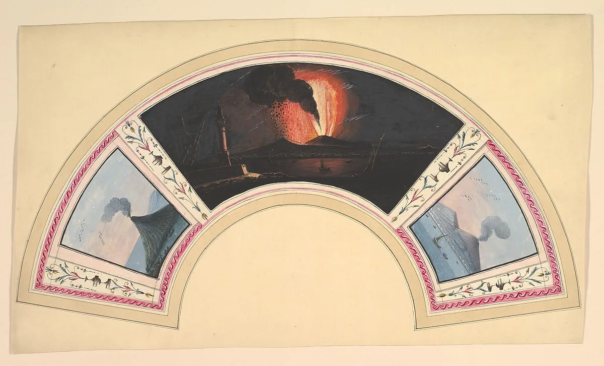 Fan Design with Eruption of Vesuvius and Three Views — Anonymous, Italian, Bolognese 18th century artist