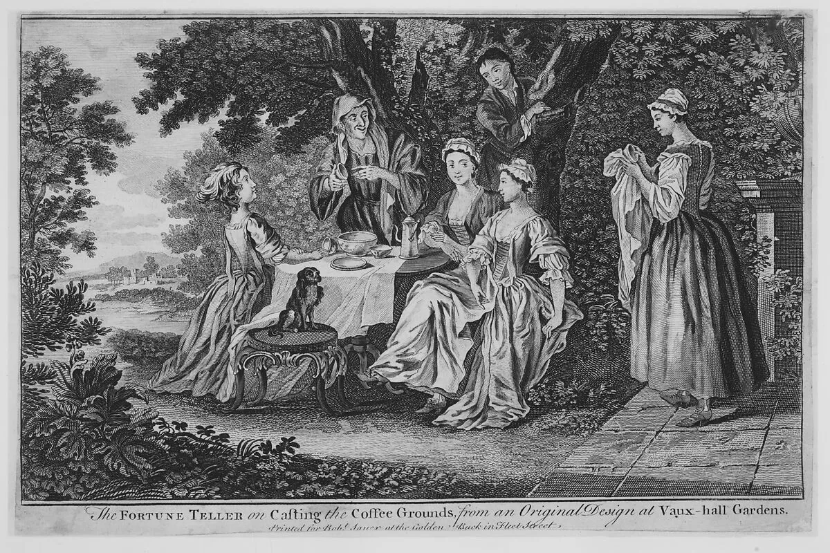 The Fortune Teller on Casting the Coffee Grounds, from an Original Design at Vaux-hall Gardens — Robert Sayer|Francis Hayman