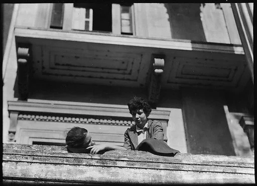 [Jane Ninas and Christine Fairchild on the Balcony of Belle Grove Plantation, White Castle, Louisiana]