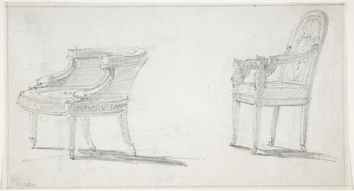 Studies for Two Armchairs (recto); sketches for Three Chairs and Parts of a Fourth (verso) — Charles Percier