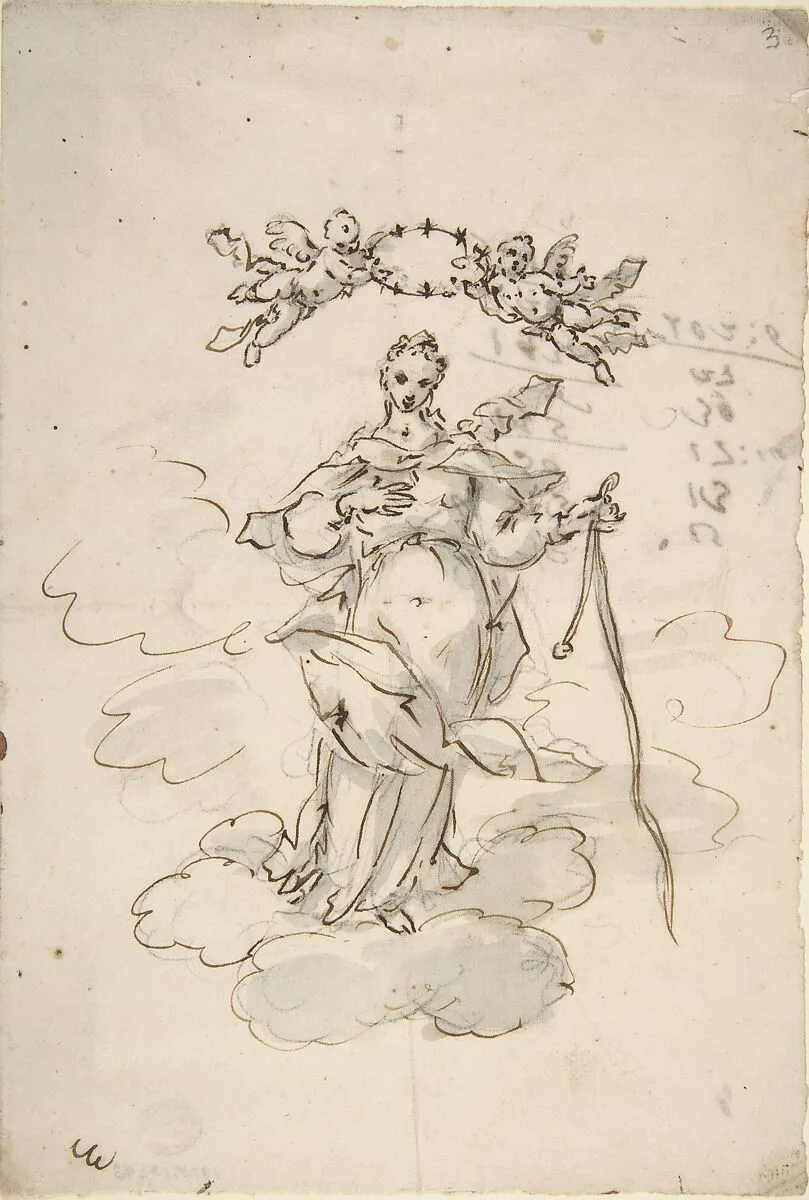 Virgin Standing on Clouds Holding a Scapular in Her Left Hand — Giovanni Antonio Pellegrini