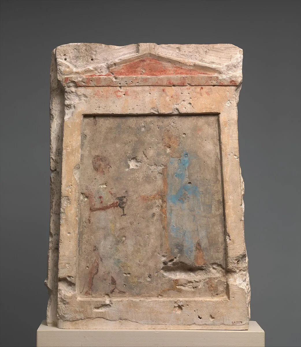 Painted limestone funerary slab with a soldier taking a kantharos from his attendant — Unknown