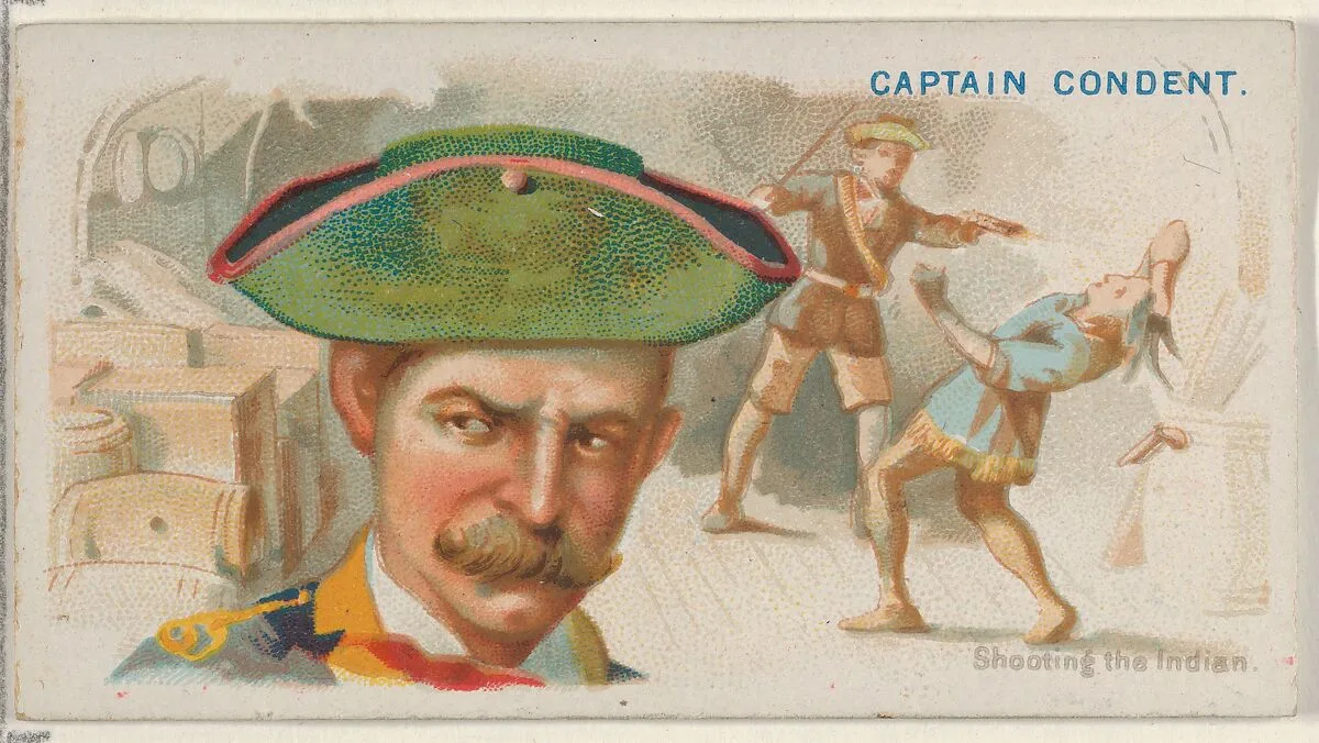 Captain Condent, Shooting the Indian, from the Pirates of the Spanish Main series (N19) for Allen & Ginter Cigarettes — George S. Harris & Sons|Allen & Ginter