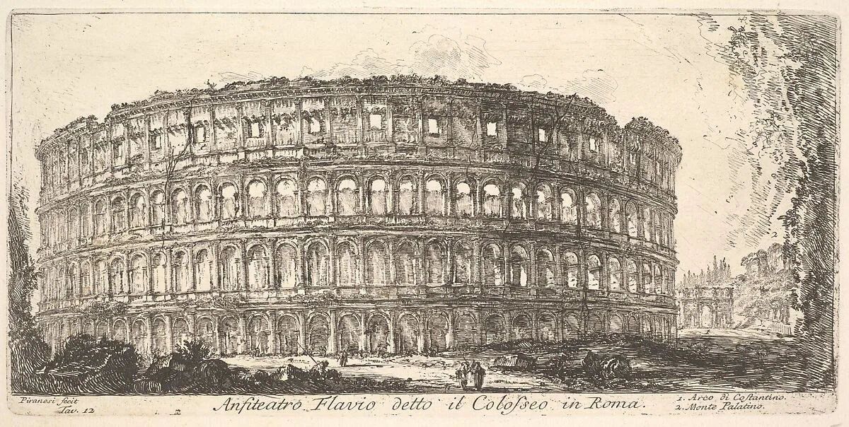 Plate 12: Flavian Amphitheater, called the Colosseum. 1. Arch of Constantine. 2. Palatine Hill. (Anfiteatro Flavio detto il Colosseo in Roma. 1. Arco di Costantino. 2. Monte Palatino.), from "Antichità Romane de' Tempi della Repubblica, e de' primi Imperatori" — Giovanni Battista Piranesi
