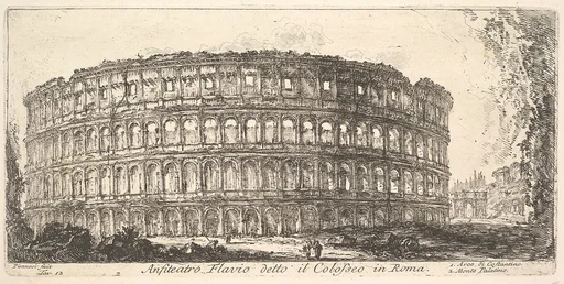 Plate 12: Flavian Amphitheater, called the Colosseum. 1. Arch of Constantine. 2. Palatine Hill. (Anfiteatro Flavio detto il Colosseo in Roma. 1. Arco di Costantino. 2. Monte Palatino.), from "Antichità Romane de' Tempi della Repubblica, e de' primi Imperatori"