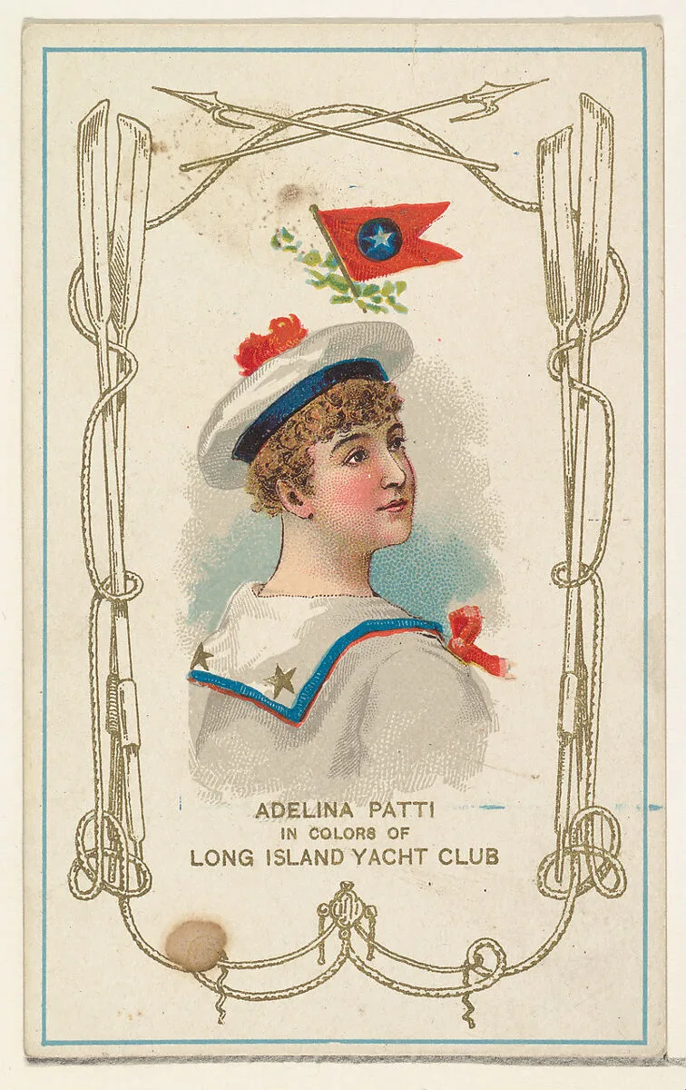 Adelina Patti in Colors of the Long Island Yacht Club, from the Yacht Colors of the World series (N140) issued by Duke Sons & Co. to promote Honest Long Cut Tobacco — W. Duke, Sons & Co.